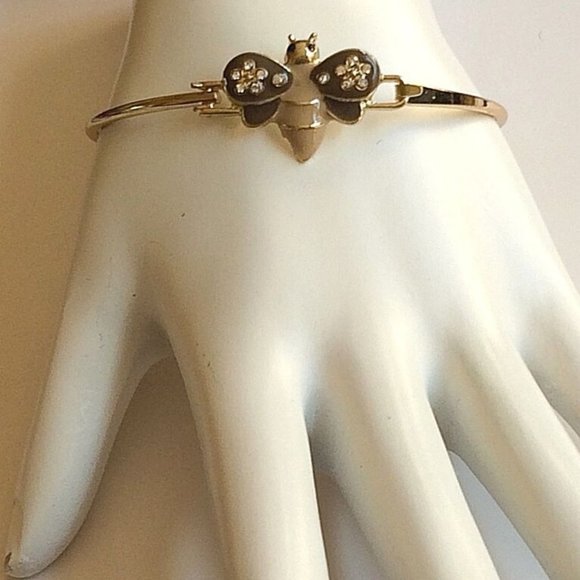 Bumble Bee Bangle Bracelet 8" Crystal Beige Enamel Gold Plated Charm - Picture 5 of 12